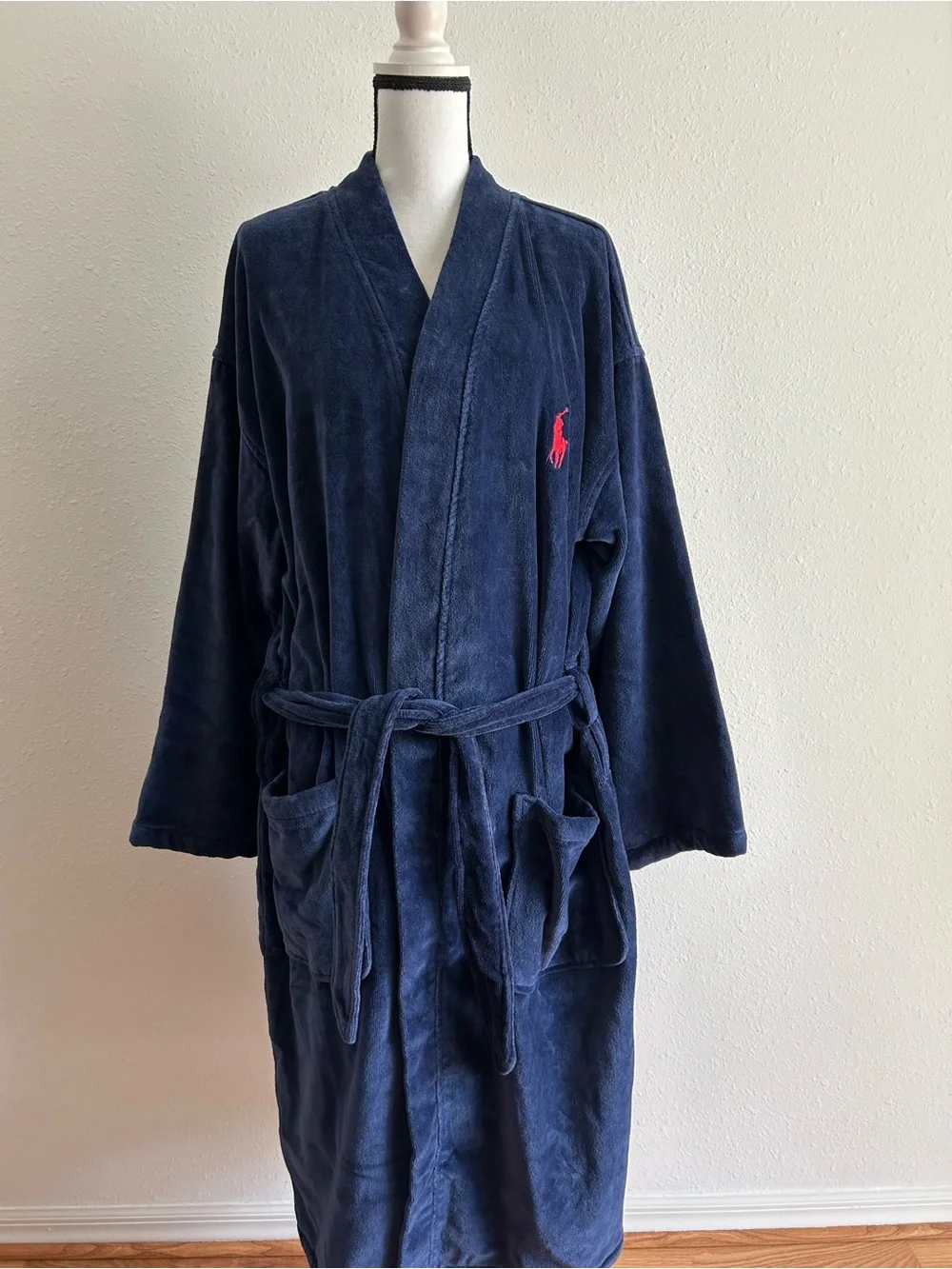 Polo Ralph Lauren Men's Robe Navy Blue Plush Shawl Collar Size S / M Logo